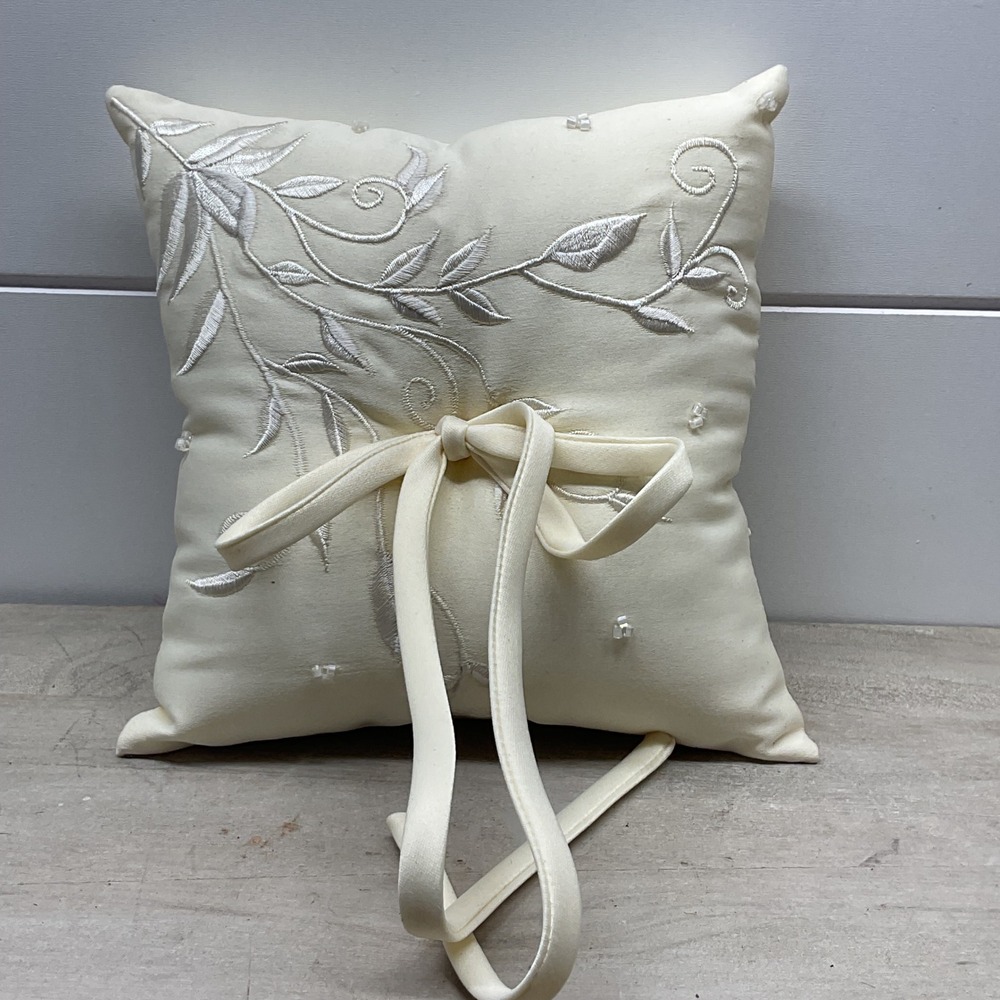 Ivory Satin Floral Embroidered Wedding Ring Bearer Pillow with Beads 7x7